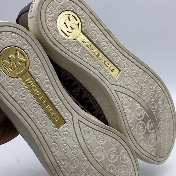 Michael Kors MK Signature Logo Print Lace Up Sneakers Brown Metallic Leather 10 - Picture 7 of 10